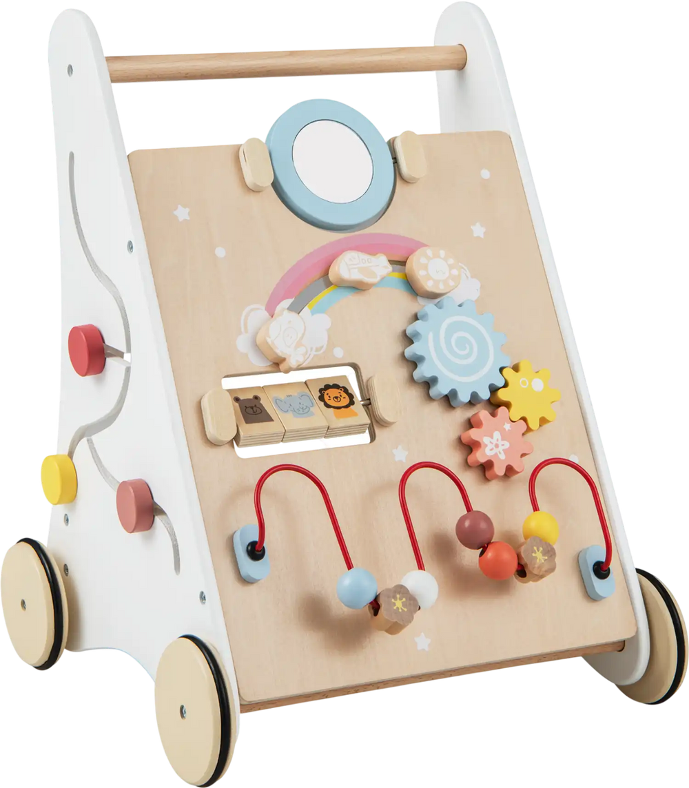 Wooden baby walker with activity center, smooth rubberized wheels, and durable wood for toddlers over 1 year old.
