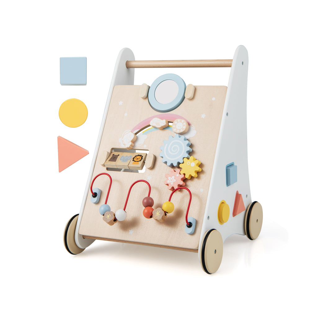 Wooden baby walker with multiple activities, smooth wheels, and storage basket, designed for children over 1 year old.