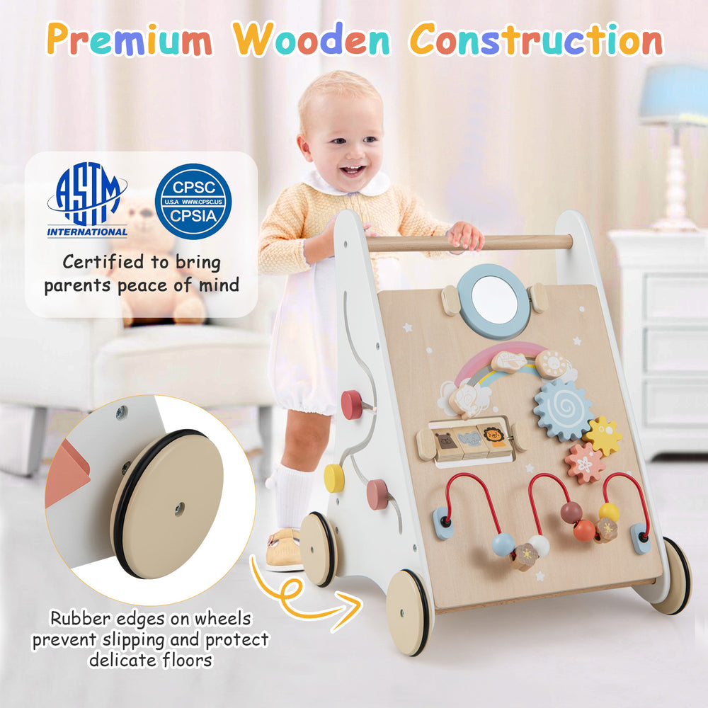 Wooden baby walker with activity center, smooth rubber wheels, and storage basket, designed for toddlers over 1 year.