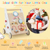 Wooden baby walker with activity center, smooth wheels, and storage basket, promoting motor skills for toddlers over 1.