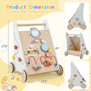 Wooden baby walker in white with colorful activity elements, promoting motor skills and safe play for children over 12.