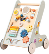 Wooden baby walker activity center in green with wheels, featuring a xylophone, mirror, and shape sorters for toddlers.