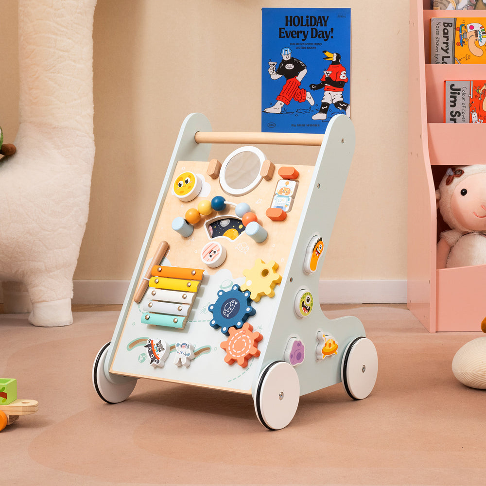 Wooden Baby Walker Push and Pull Learning Activity Center with Wheels for Toddlers 1+ Years Old-Green - Gallery View 1 of 10
