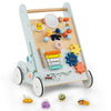 Wooden baby walker activity center in green with xylophone, gears, and mirror, designed for toddlers 1+ years old.