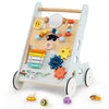 Wooden baby walker activity center in green showcasing colorful flippable blocks and a roller for engaging early.