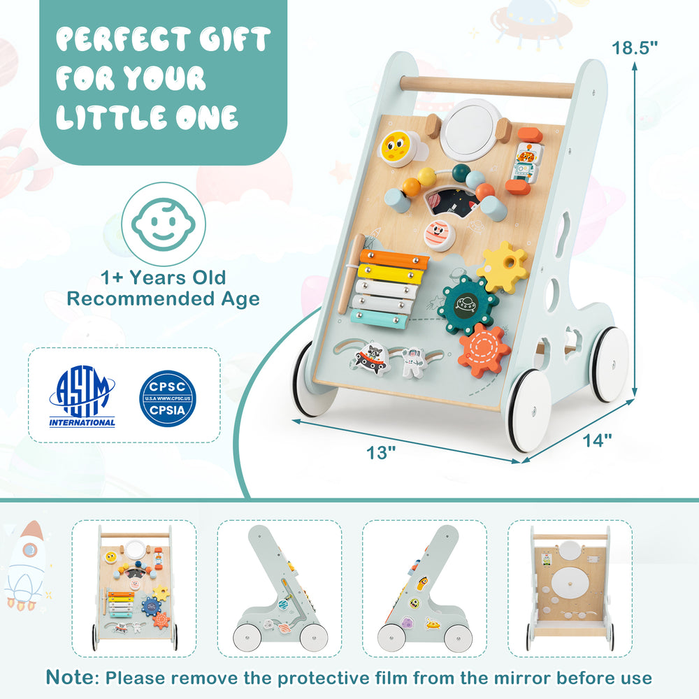 Wooden baby walker activity center in green with wheels, featuring a mirror, xylophone, and shape sorters for toddlers.