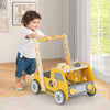 Wooden baby walker in yellow with adjustable speed, tool bench features, and bottom storage for kids over 3 years old.