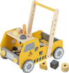 Truck-shaped 2-in-1 wooden baby walker in yellow with adjustable speed and bottom storage for kids over 3 years old.