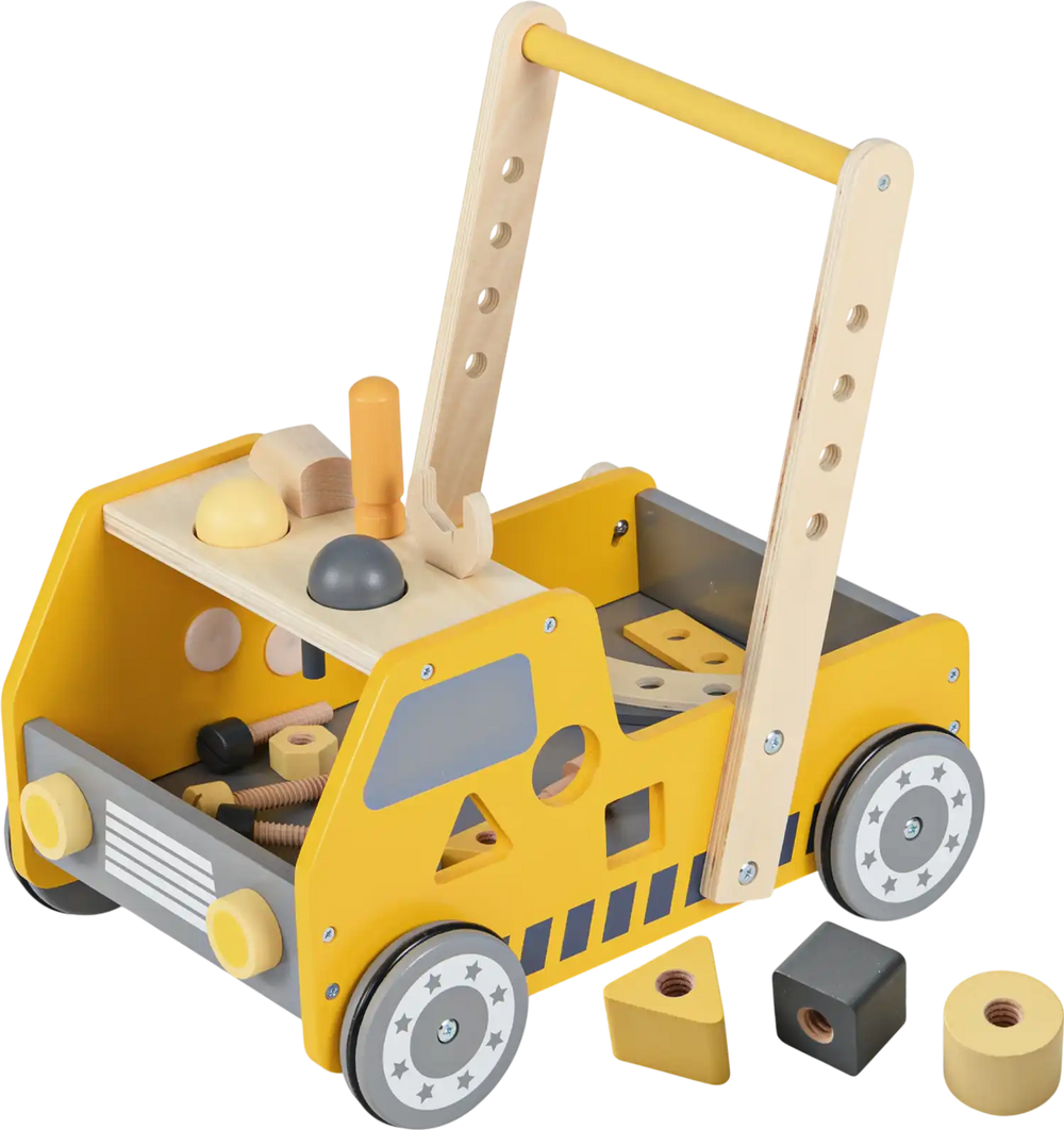 Truck-shaped 2-in-1 wooden baby walker in yellow with adjustable speed and bottom storage for kids over 3 years old.