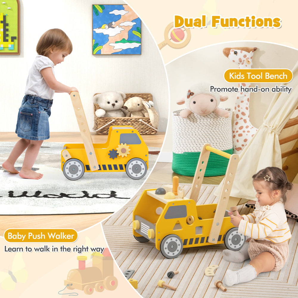 Yellow 2-in-1 wooden baby walker and tool bench with adjustable speed, promoting walking and creativity for kids.