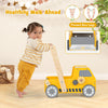 Yellow truck-shaped 2-in-1 wooden baby walker with adjustable speed and bottom storage, promoting safe walking for kids.