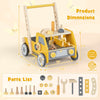 Yellow 2-in-1 wooden baby walker with adjustable speed, tool bench features, and bottom storage for organized play.