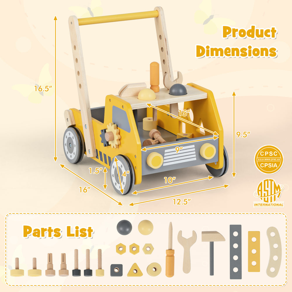 Yellow 2-in-1 wooden baby walker with adjustable speed, tool bench features, and bottom storage for organized play.