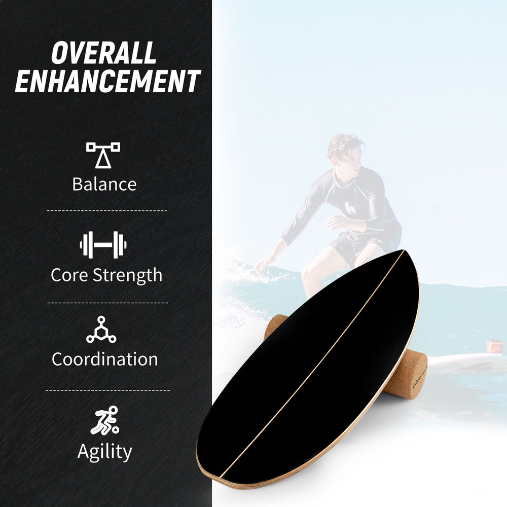 Wooden balancing board with cork roller for enhancing balance, coordination, and core strength, ideal for various.