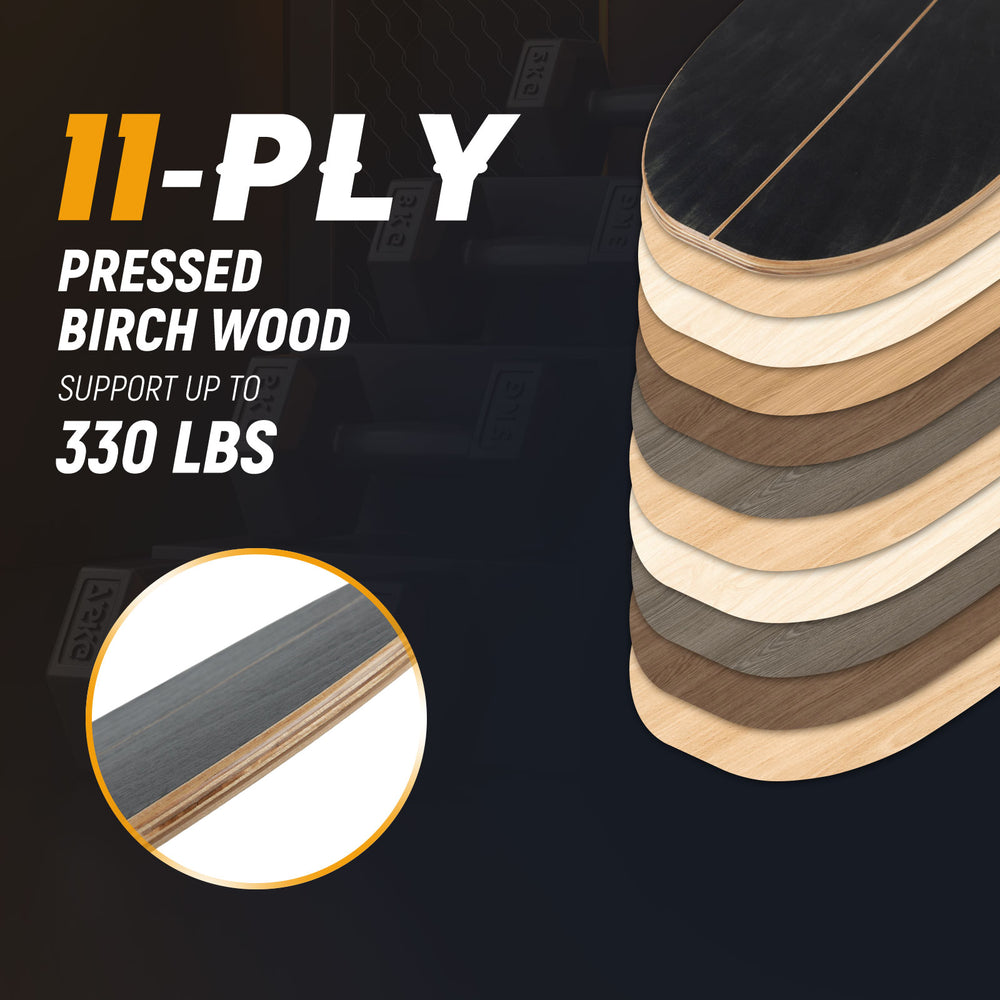 Wooden balancing board made of 11-ply pressed birch wood, supports 330 lbs, ideal for enhancing balance and.