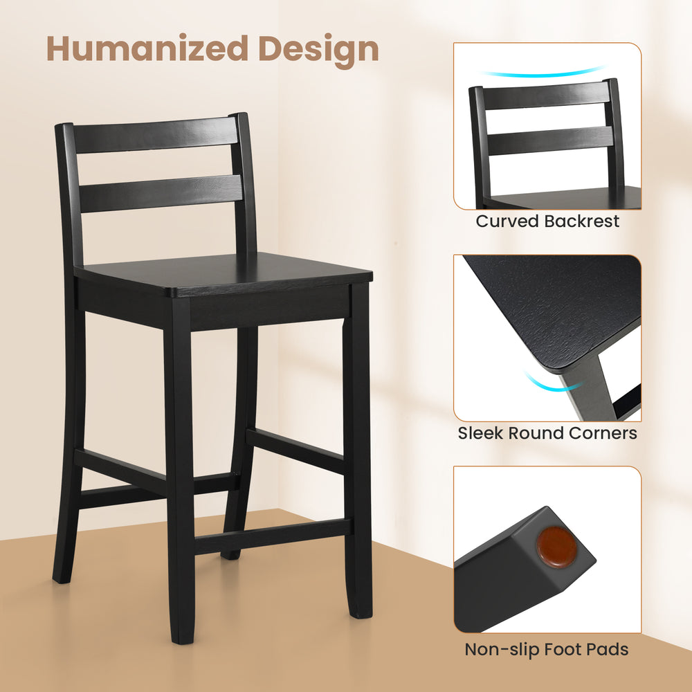Black wooden bar stool with ergonomic backrest, footrest, and non-slip foot pads for comfort and safety.