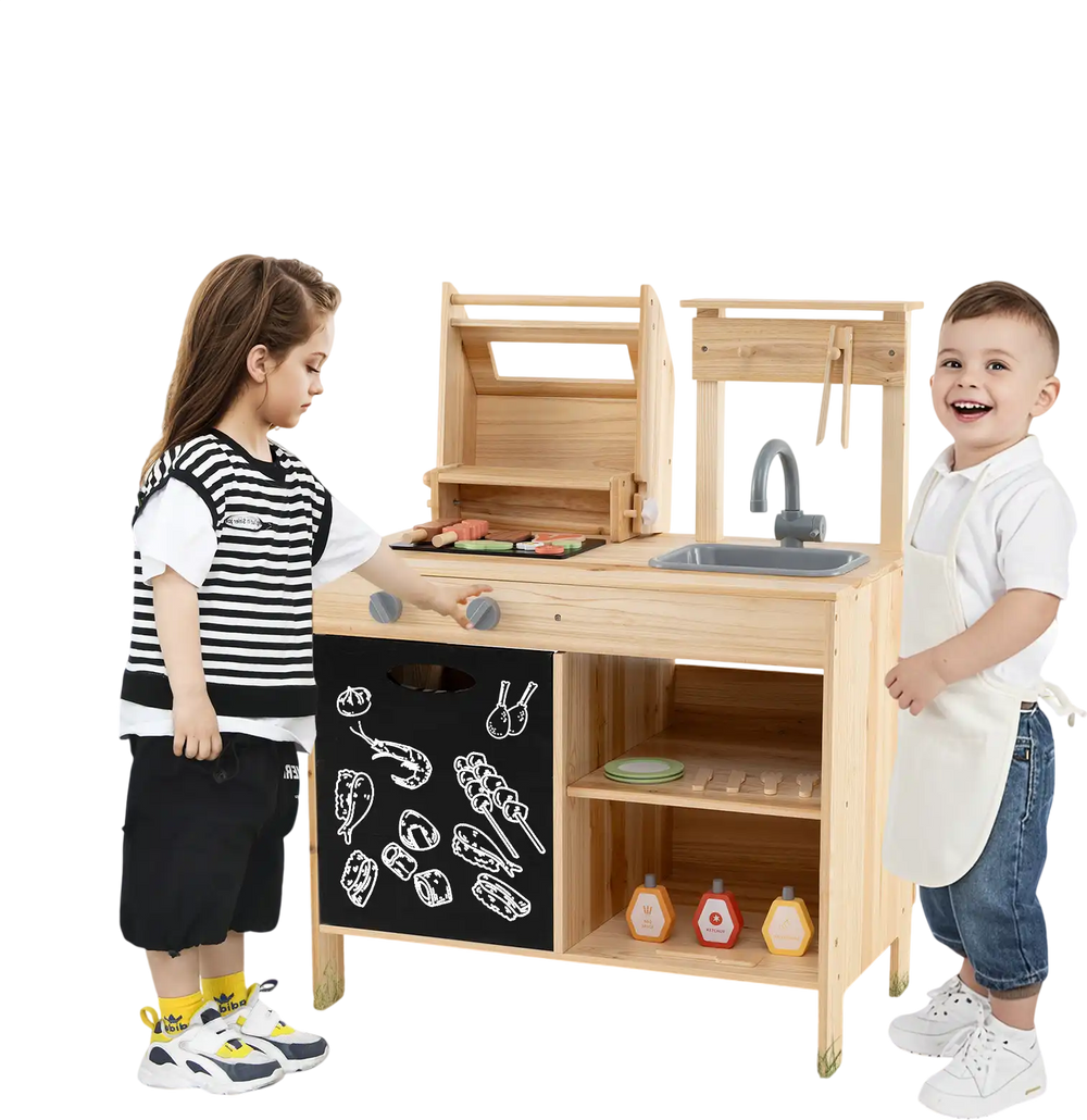 Wooden barbecue grill playset with sink, chalkboard, and storage, perfect for kids' imaginative outdoor play.
