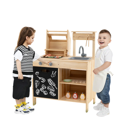Costway Wooden Barbecue Grill Playset Chalkboard Sink Cabinet 958127643 New