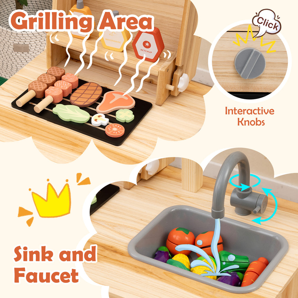 Wooden barbecue grill playset featuring a sink and faucet, interactive knobs, and 25 BBQ accessories for imaginative.