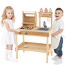 Wooden barbecue grill playset with play food, featuring open shelves and kids playing, ideal for outdoor fun.