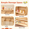 Wooden barbecue grill playset featuring ample storage with top shelf, spice rack, hooks, and bottom shelf for organized.