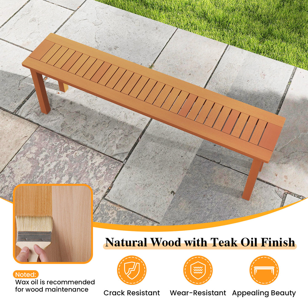 Long wooden bench with slatted design and teak oil finish, perfect for stylish outdoor seating and easy maintenance.