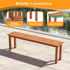 Backless wooden bench with teak oil finish, slatted design for ventilation, ideal for outdoor patios and balconies.