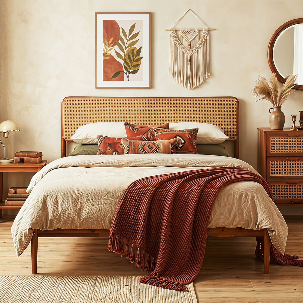 Boho rattan headboard wooden bed frame in brown with acacia wood, featuring slatted support and ample under-bed clearance.