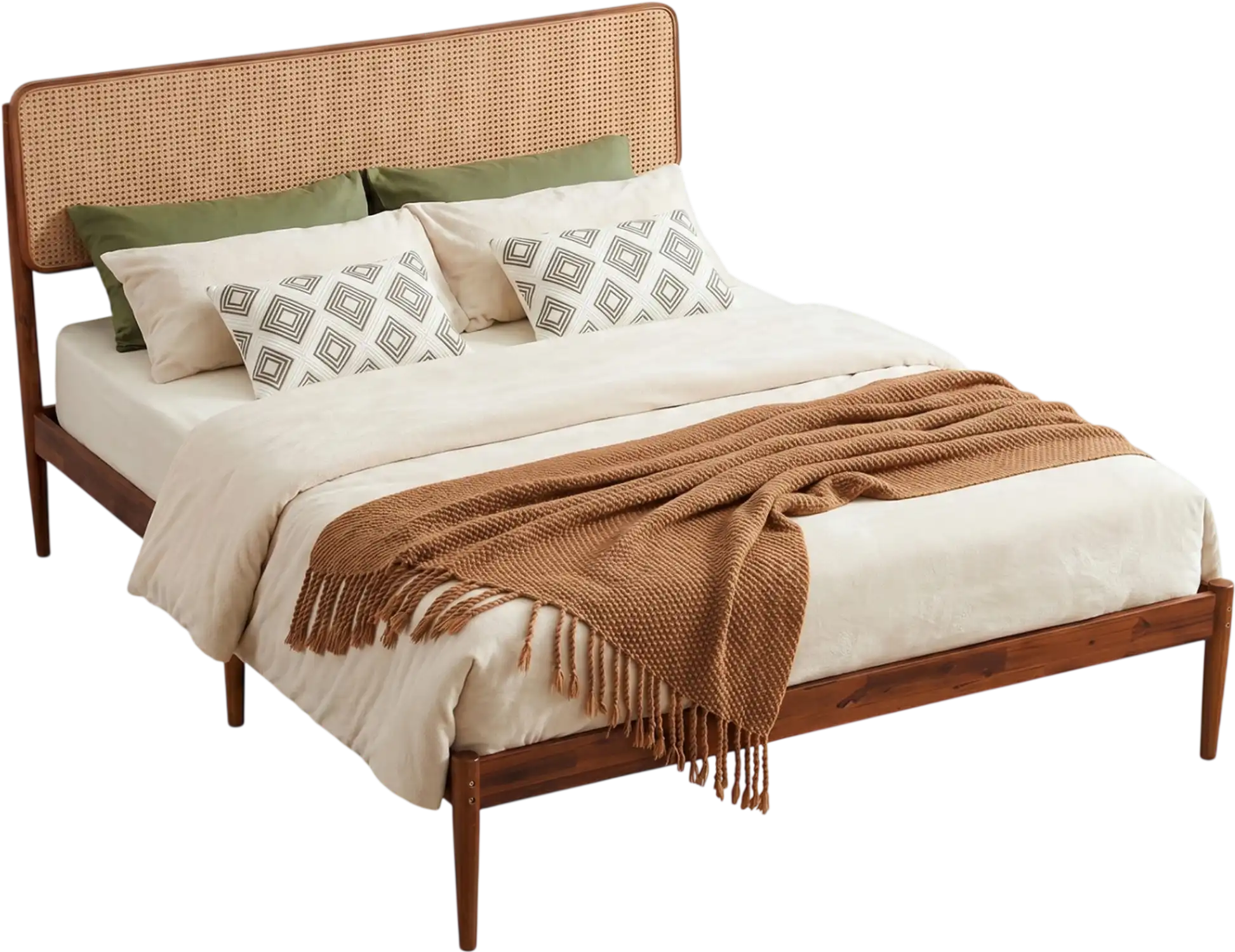 Costway Wooden Boho Rattan Bed Frame w/ Wood Slat Support 73750303 New