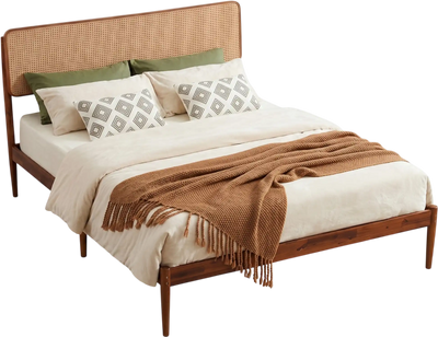 Costway Wooden Boho Rattan Bed Frame w/ Wood Slat Support 73750303 New