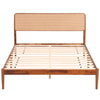 Wooden bed frame with boho rattan headboard, crafted from acacia wood, supports twin/full/queen mattresses without a box spring.