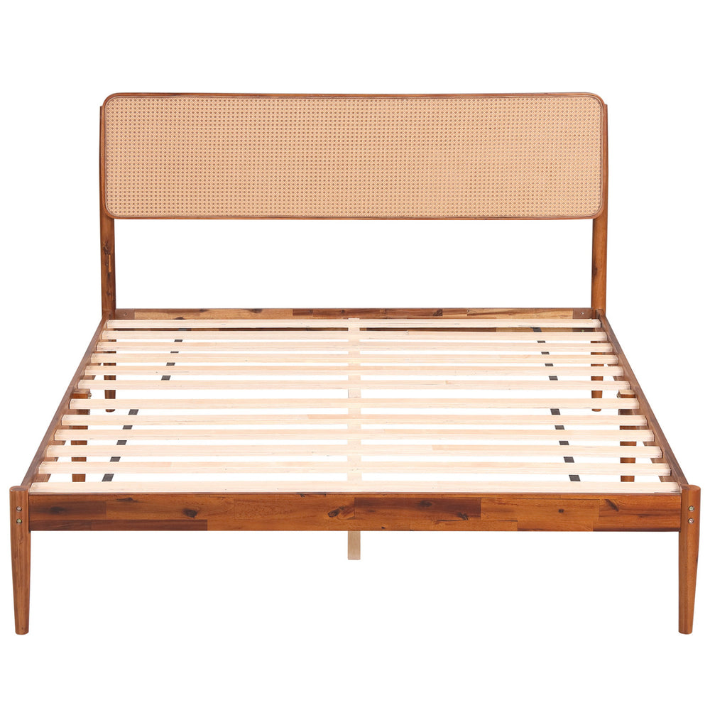 Wooden bed frame with boho rattan headboard, crafted from acacia wood, supports twin/full/queen mattresses without a box spring.