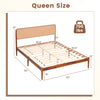 Queen size wooden bed frame with boho rattan headboard, acacia wood construction, and 12 slats for mattress support.