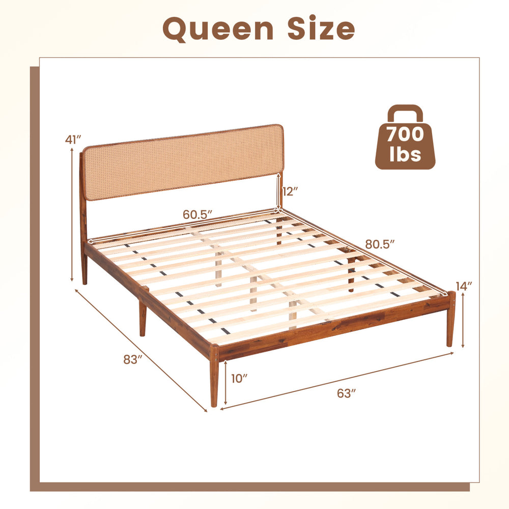 Queen size wooden bed frame with boho rattan headboard, acacia wood construction, and 12 slats for mattress support.
