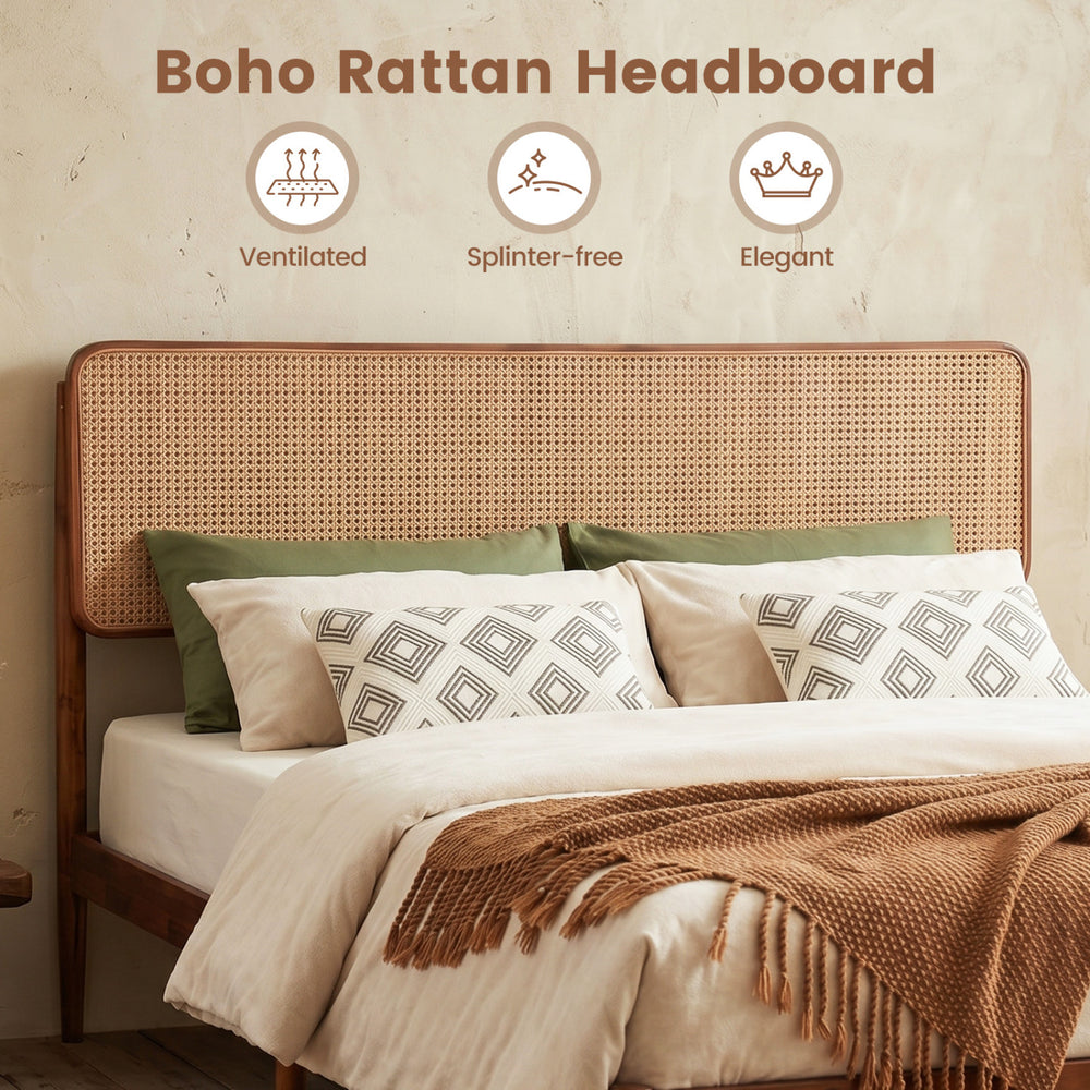 Boho rattan headboard with solid acacia wood frame provides elegant support for twin, full, or queen mattresses.