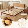 Wooden bed frame with boho rattan headboard, solid acacia wood, and 12 plywood slats for sturdy mattress support.