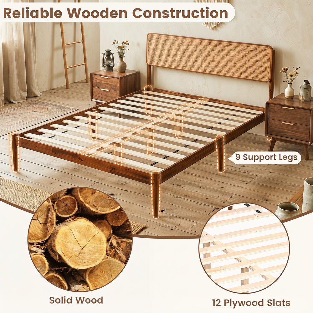Wooden bed frame with boho rattan headboard, solid acacia wood, and 12 plywood slats for sturdy mattress support.