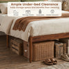 Wooden bed frame with boho rattan headboard and 10" under-bed clearance for storage and easy floor cleaning.