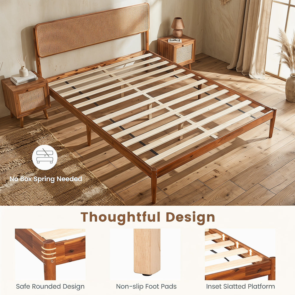 Wooden bed frame with boho rattan headboard, acacia wood slats, and 10" under-bed clearance for storage.