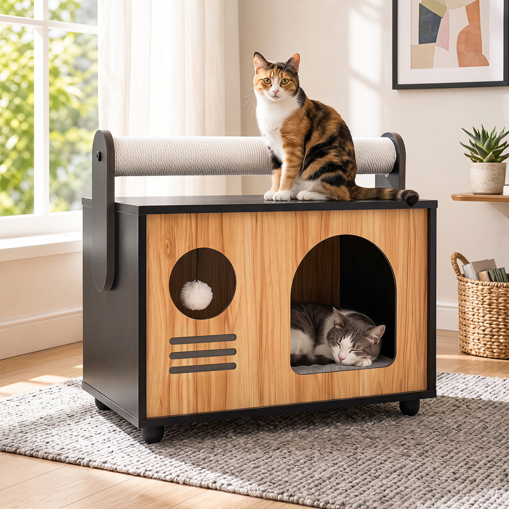 Wooden cat house with scratching post and removable cushion, featuring a playful design for interactive fun and comfort.