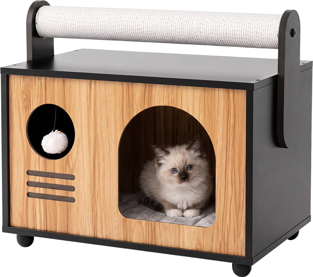 Wooden cat house with scratching post in black, featuring a cozy hideaway and removable cushion for playful comfort.