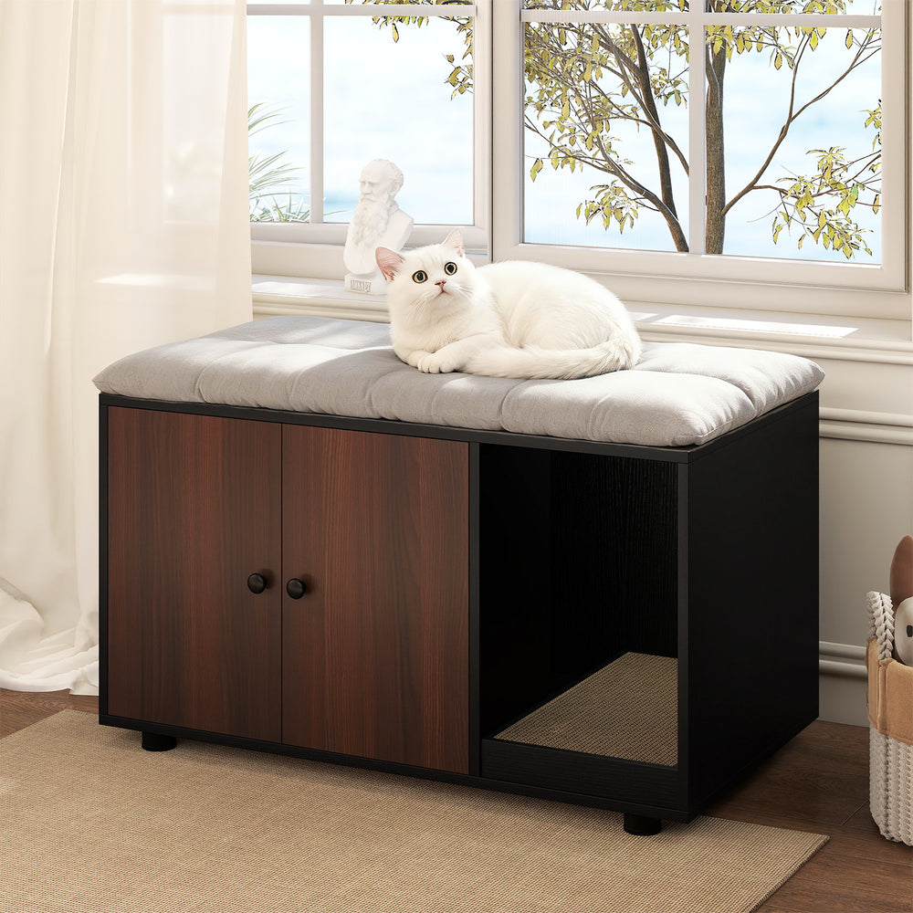 Wooden Cat Litter Box Enclosure Hidden Litter Box Furniture with Scratching Board-Black - Gallery View 1 of 10