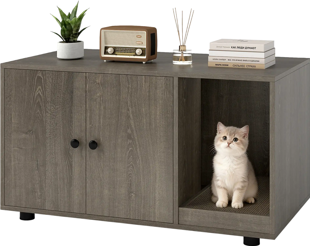 Wooden cat litter box enclosure in oak finish with double doors, scratching board, and spacious tabletop for home decor.