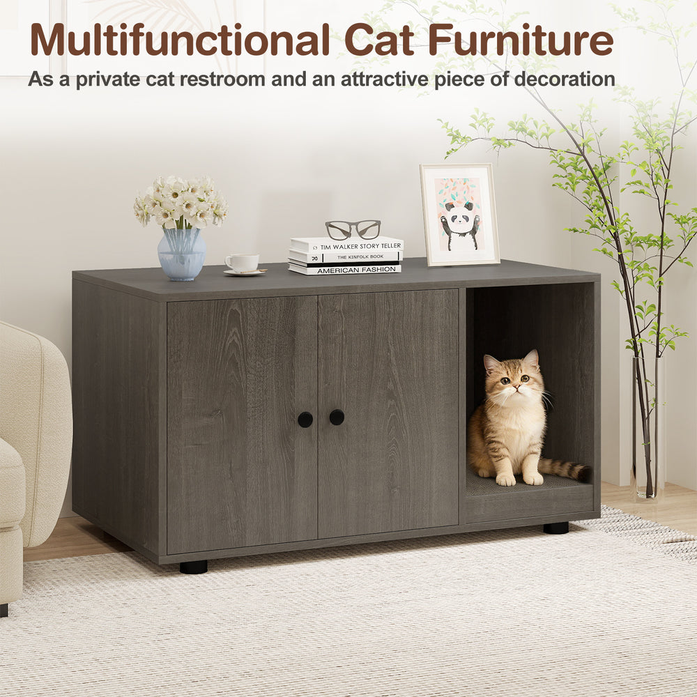 Wooden cat litter box enclosure in oak finish, serving as a stylish side table and private cat restroom with scratching.