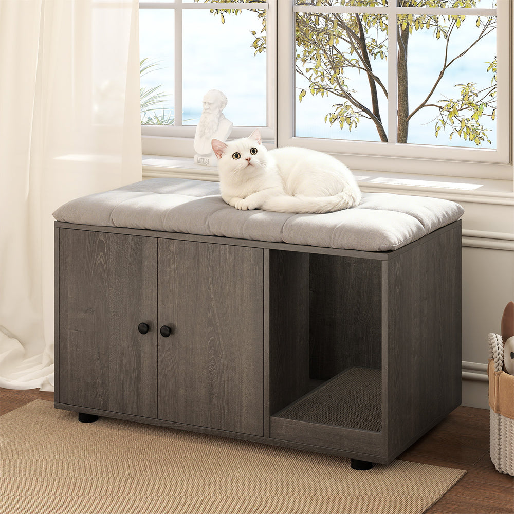 Wooden Cat Litter Box Enclosure Hidden Litter Box Furniture with Scratching Board-Oak - Gallery View 1 of 10