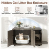 Wooden cat litter box enclosure in oak, featuring double doors and a removable scratching board for easy cleaning.