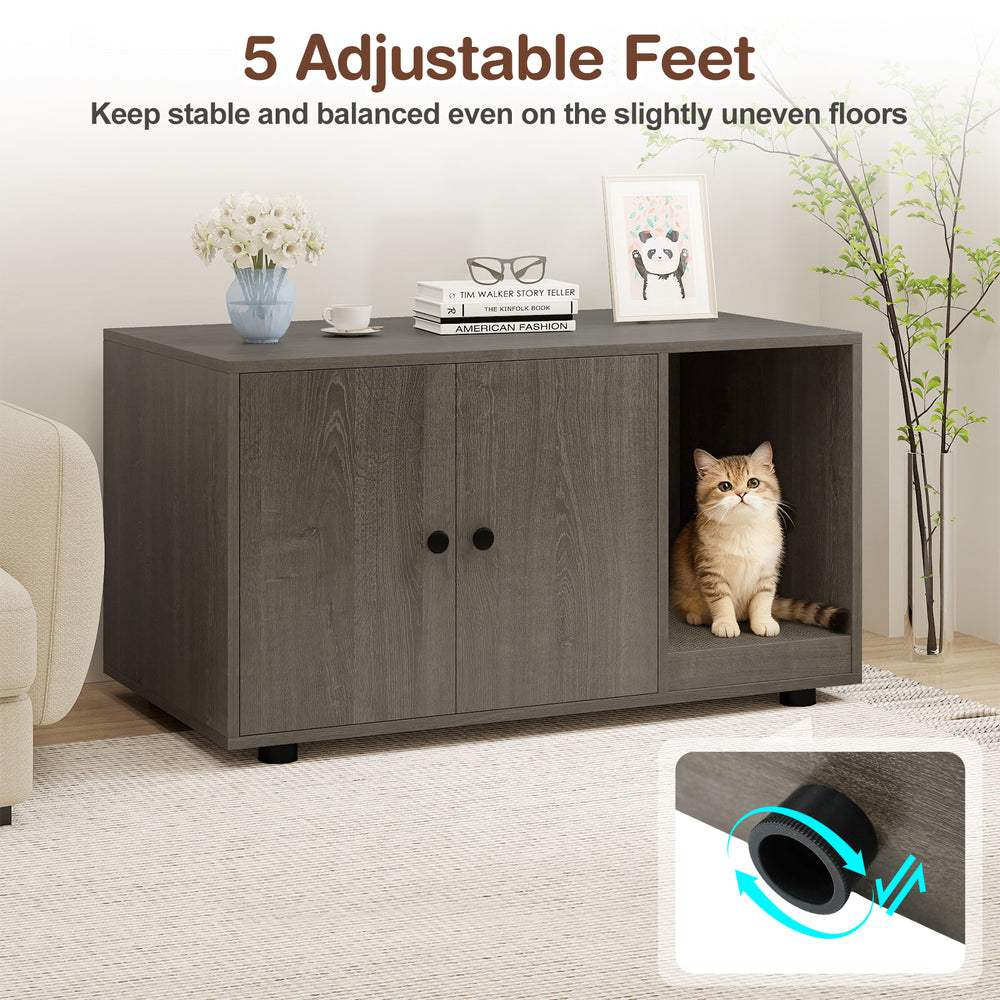 Wooden cat litter box enclosure in oak with adjustable feet, serving as a stylish coffee table and private cat restroom.