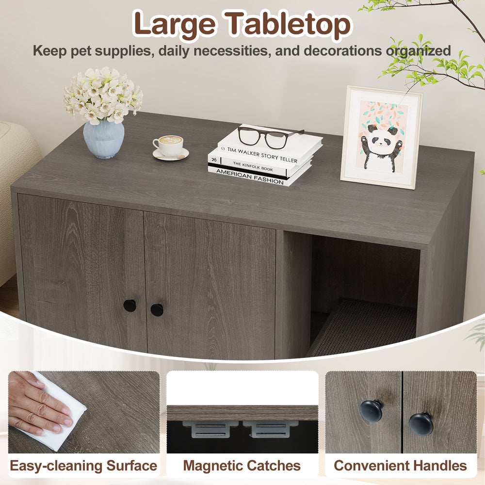 Wooden cat litter box enclosure in oak with large tabletop, double doors, and removable scratching board for easy.