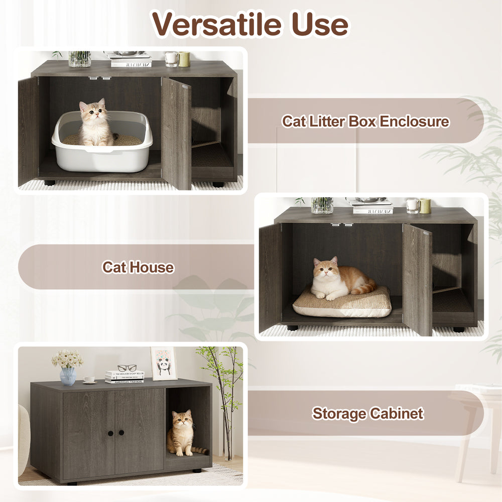 Wooden cat litter box enclosure in oak, serving as a stylish cat house and storage cabinet with a removable scratching.