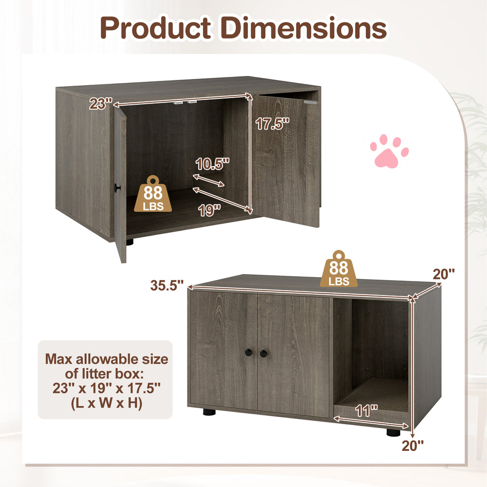 Wooden cat litter box enclosure in oak finish, featuring double doors and a removable scratching board for easy.